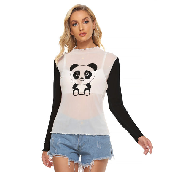 Kawaii Heaven Women's Cute Panda Mesh Long Sleeve Shirt - Sexy Sheer Graphic Top