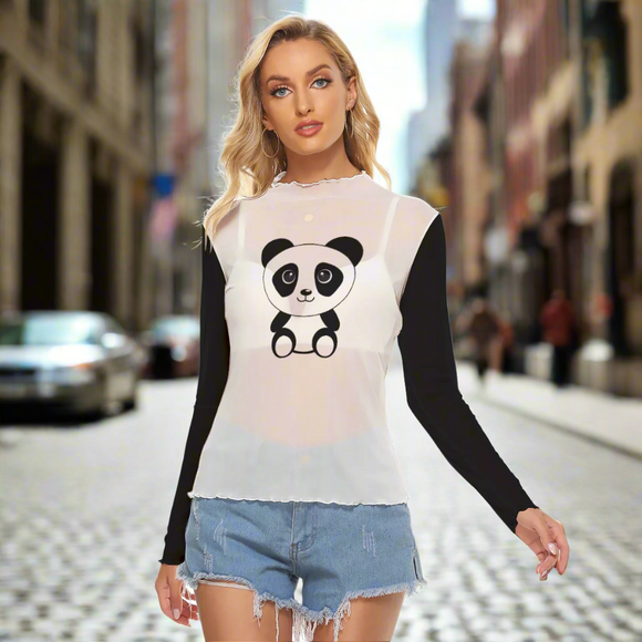 Kawaii Heaven Women's Cute Panda Mesh Long Sleeve Shirt - Sexy Sheer Graphic Top