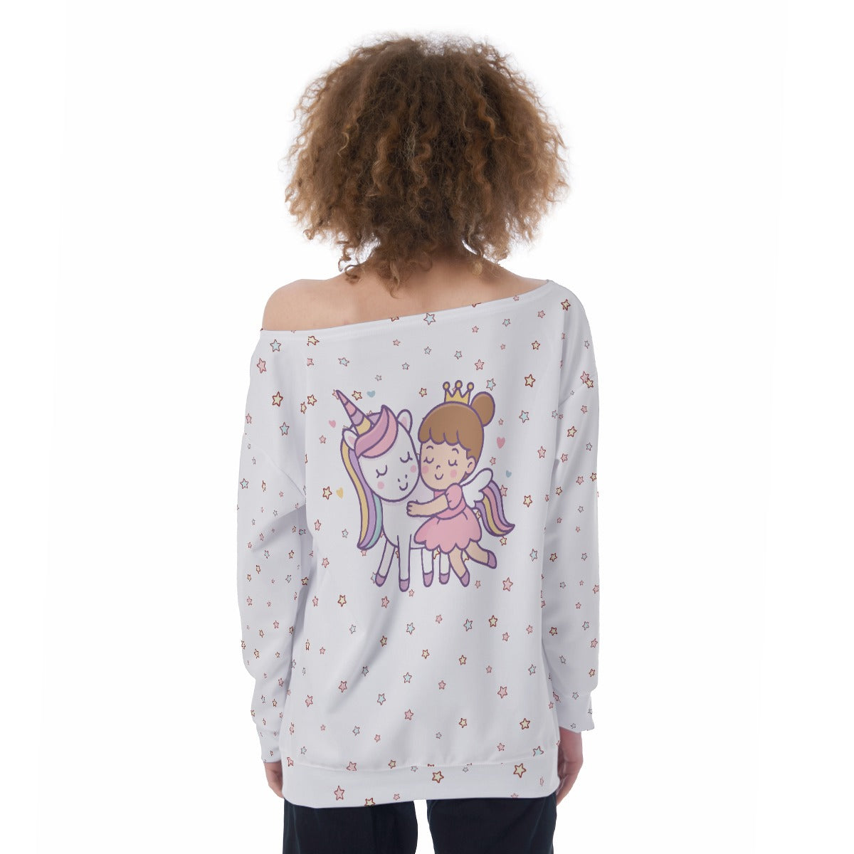 Kawaii Unicorn Princess Off-Shoulder Sweatshirt for Women - Cute Graphic Pullover in Scuba Fabric