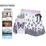 Women's Butterfly Print Athletic Skorts - White Drawstring Sport Skorts with Side Pockets and Built-in Shorts