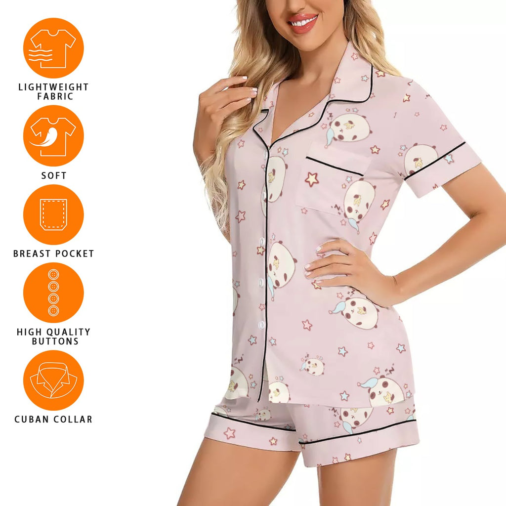 Women's Imitation Silk Short Sleeve Pajama Set with Bear Print