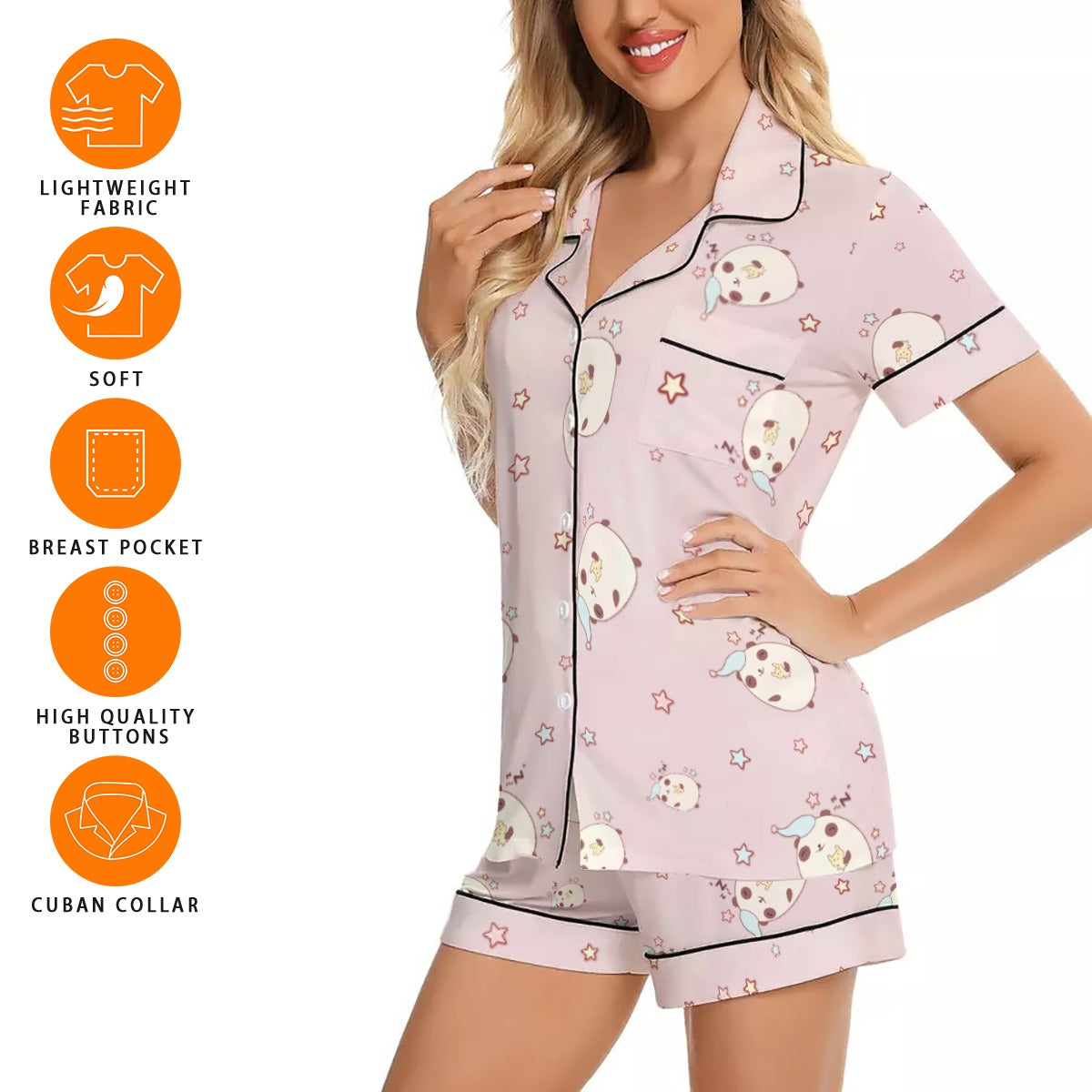 Women's Imitation Silk Short Sleeve Pajama Set with Bear Print