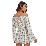 Teddy Bear Off-Shoulder Two-Piece Set – Long Sleeve Crop Top & Mini Skirt