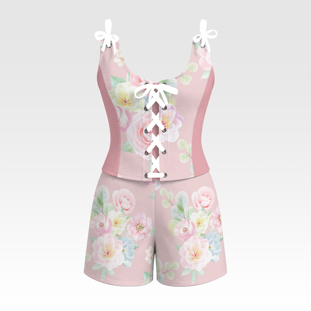 Pink Floral Corset Romper Set – Coquette Lace-Up Summer Outfit
