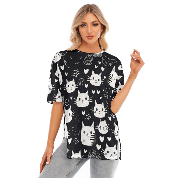 Women's Midnight Meow Short Sleeve T-Shirt with Hem Split - Oversized Crew Neck