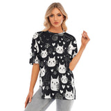 Women's Midnight Meow Short Sleeve T-Shirt with Hem Split - Oversized Crew Neck