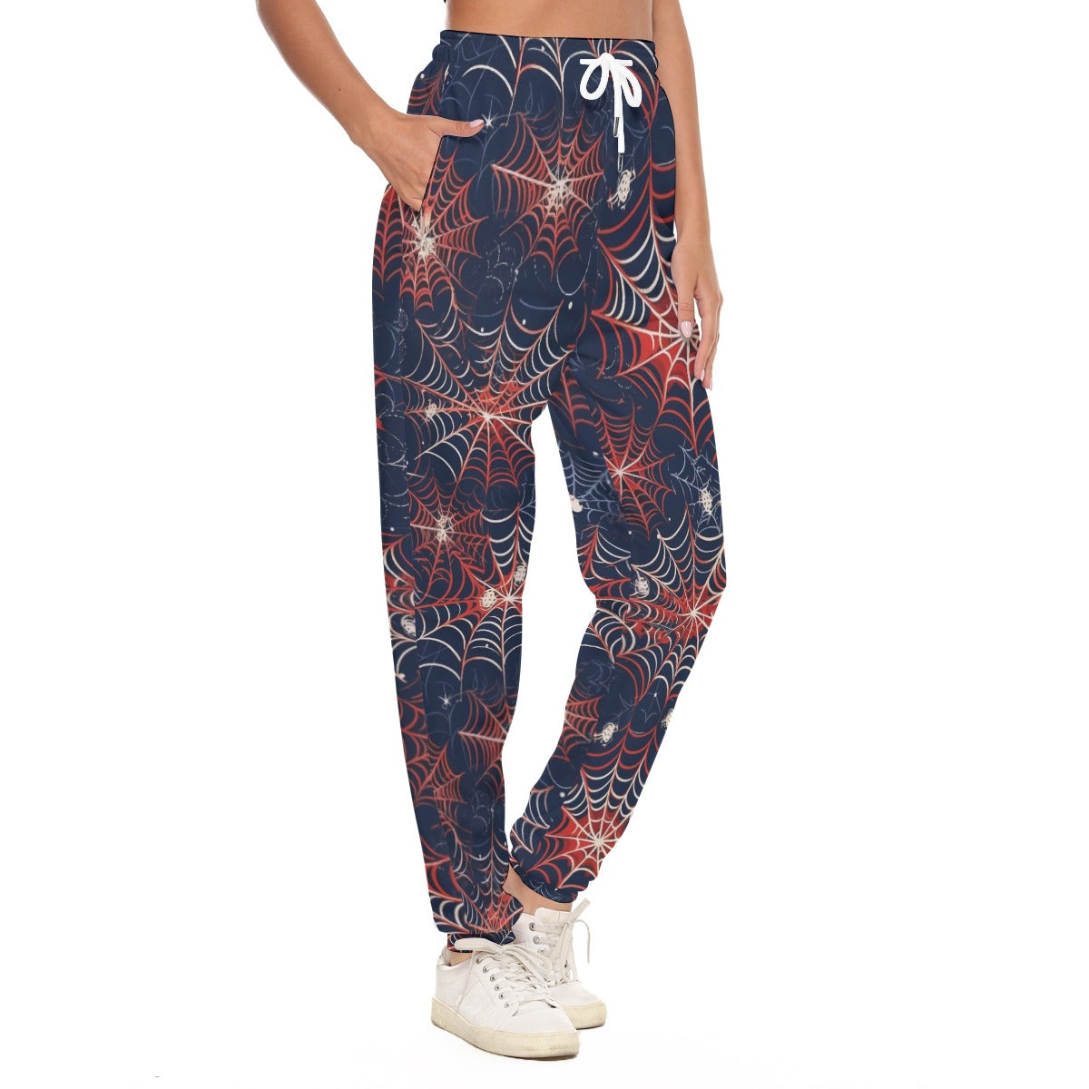Gothic Spider Print Scuba Women's Casual Pants with Rib Cuffs - Creepy Cute Lounge Bottoms
