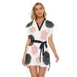 Kawaii Heaven Women's Stand-Up Collar Belted Casual Dress - Black and Pink Floral Print