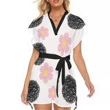 Kawaii Heaven Women's Stand-Up Collar Belted Casual Dress - Black and Pink Floral Print