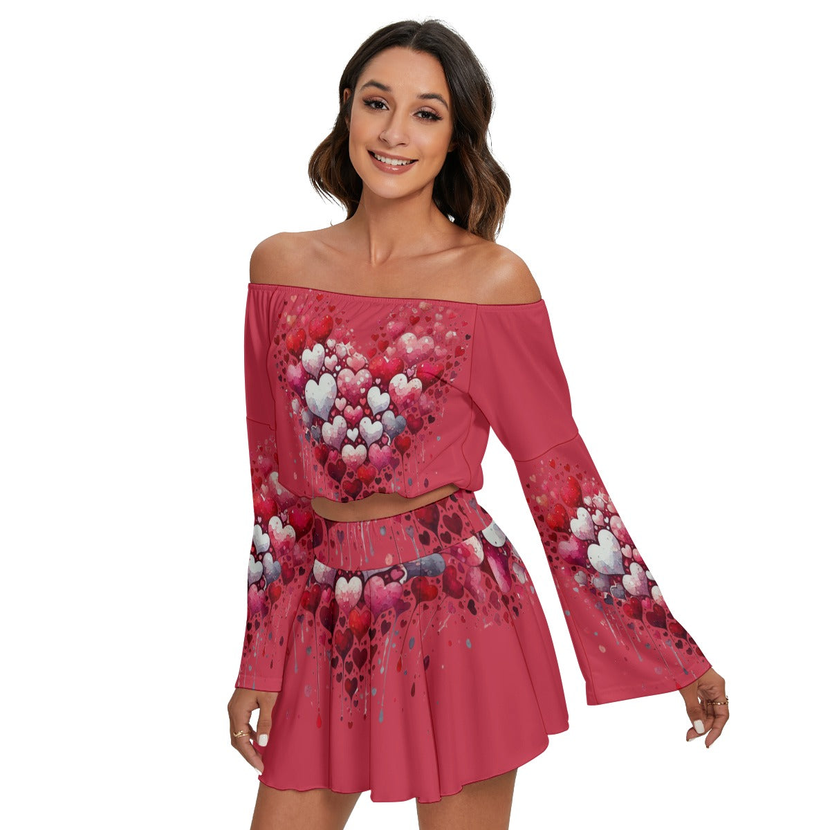 Heart Print Off-Shoulder Two-Piece Set – Long Sleeve Top & Mini Skirt