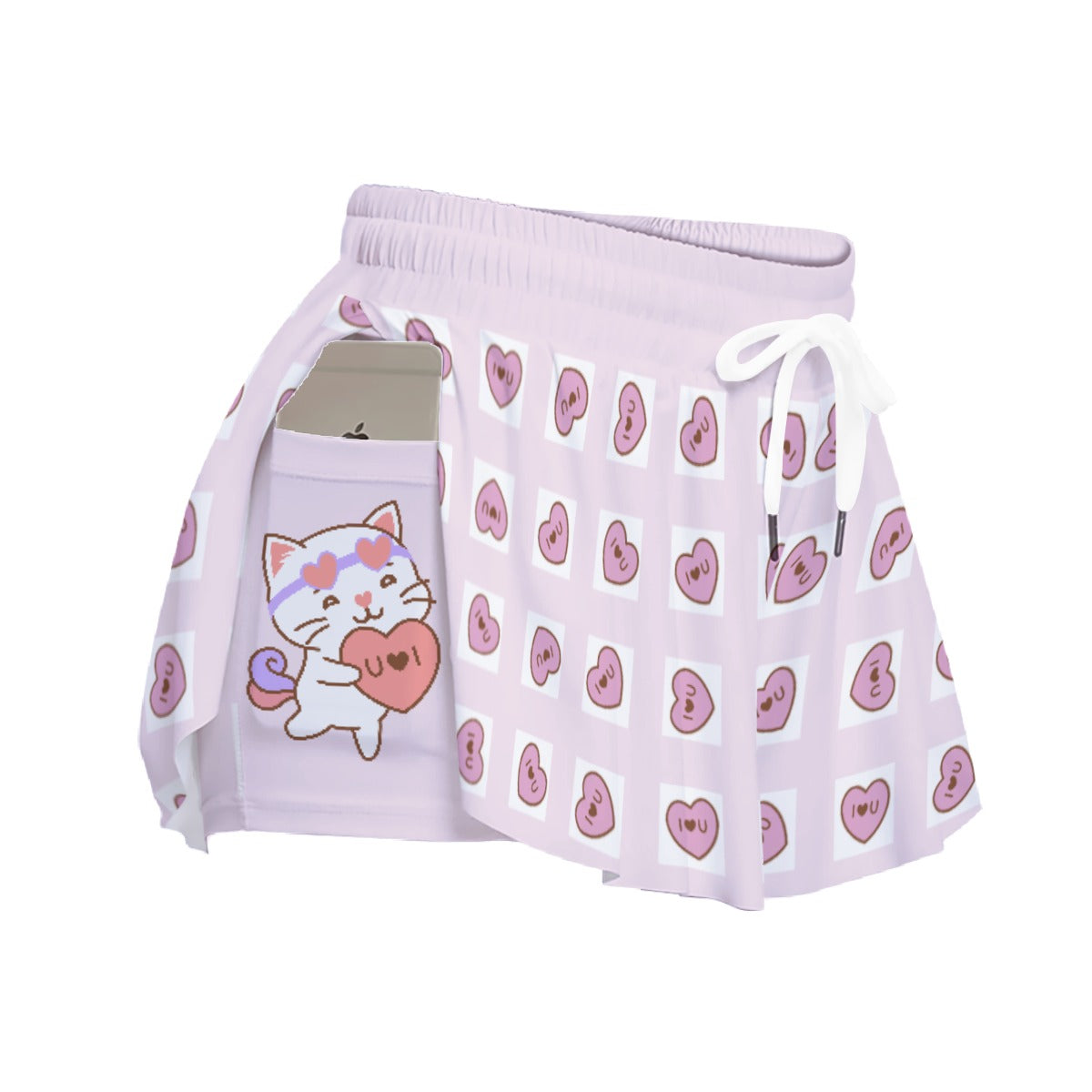 Kawaii Heaven Women's Cat Love Heart Print Skorts with Pockets - Lilac