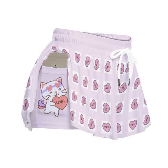 Kawaii Heaven Women's Cat Love Heart Print Skorts with Pockets - Lilac