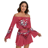 Heart Print Off-Shoulder Two-Piece Set – Long Sleeve Top & Mini Skirt