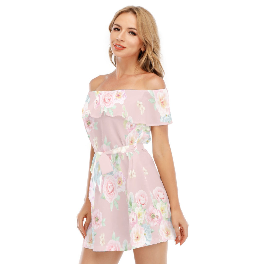 Women's Off-Shoulder Ruffle Dress with Lotus Lace - Kawaii Heaven Blush Garden Style