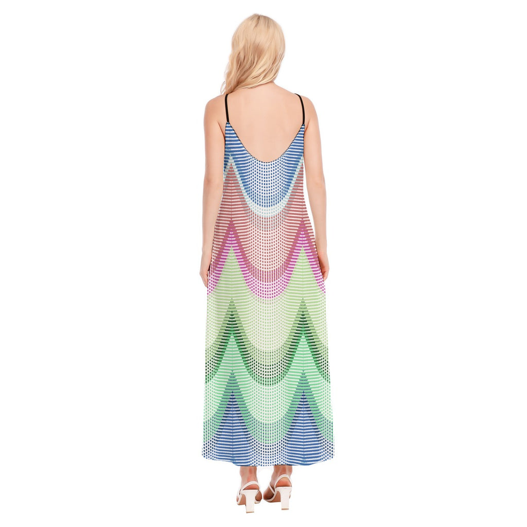 Rainbow Wave Maxi Dress – Colorful Geometric Spaghetti Strap Dress