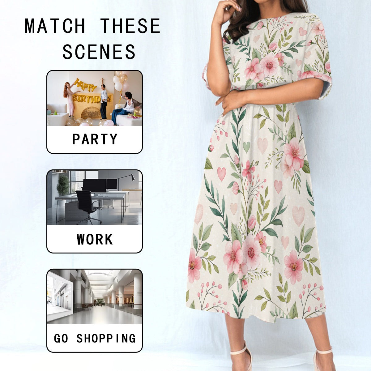 Floral Midi Dress – Pink Flower Elastic Waist Dress