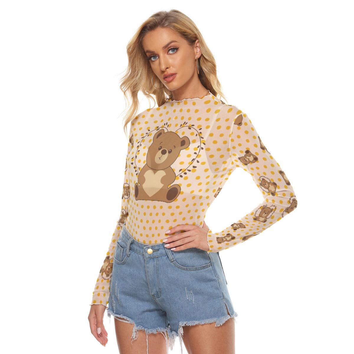Teddy Bear Mesh Long Sleeve Top – Sheer Kawaii Style
