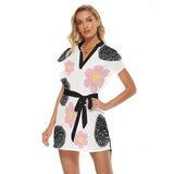 Kawaii Heaven Women's Stand-Up Collar Belted Casual Dress - Black and Pink Floral Print