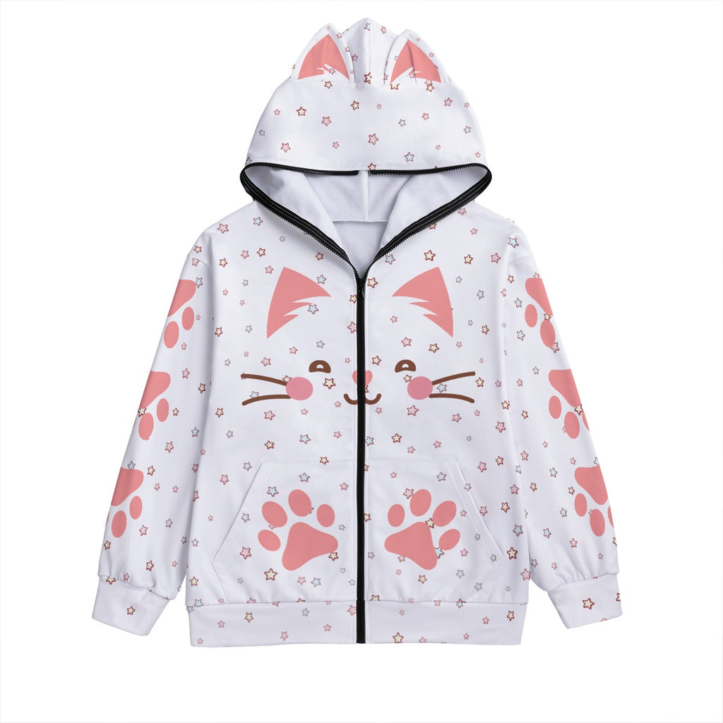 Kawaii Cat Paw Print Zip-Up Hoodie with Ears - White Anime-Inspired Pullover Sweatshirt for Unisex