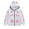 Kawaii Cat Paw Print Zip-Up Hoodie with Ears - White Anime-Inspired Pullover Sweatshirt for Unisex
