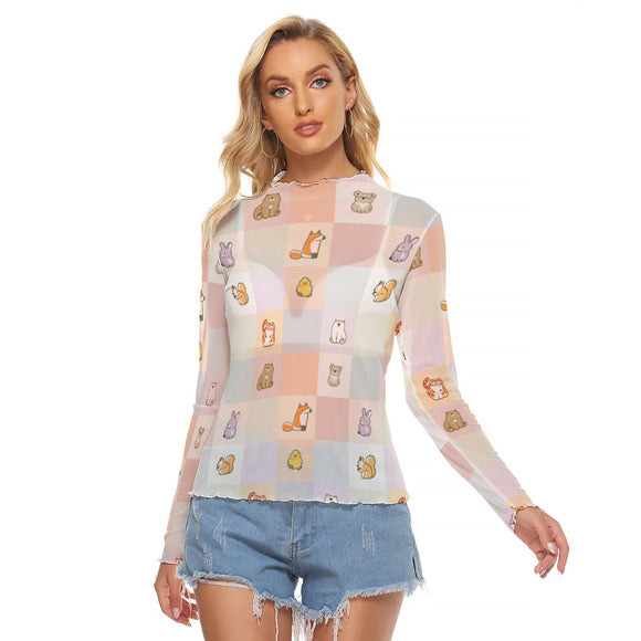 Women's Kawaii Animal Mesh Long Sleeve T-shirt, Breathable & Stylish