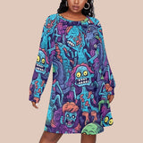Zombie Cartoon Plus Size Long Sleeve Dress - Oversized Halloween Tunic with Raglan Sleeve