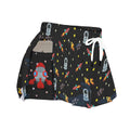 Space Rocket Print Women's Athletic Skorts with Side Pockets - Black Drawstring Sport Shorts