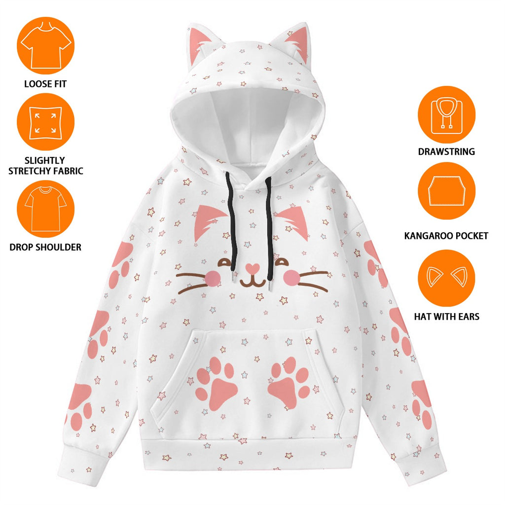 Kawaii Heaven Women's Cute Cat Ear Hoodie with Pink Paw Print
