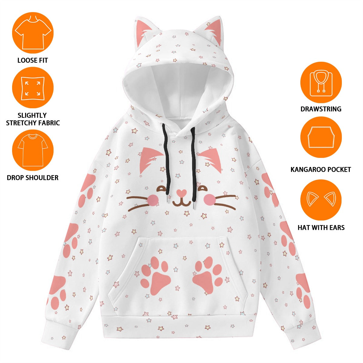 Kawaii Heaven Women's Cute Cat Ear Hoodie with Pink Paw Print