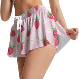 Kawaii Strawberry Cat Microfiber Sport Skorts - Pink Drawstring Athletic Skorts with Side Pockets
