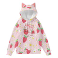 Kawaii Strawberry Cat Hoodie, Pink Anime-Inspired Pullover with Decorative Ears and Cute Print