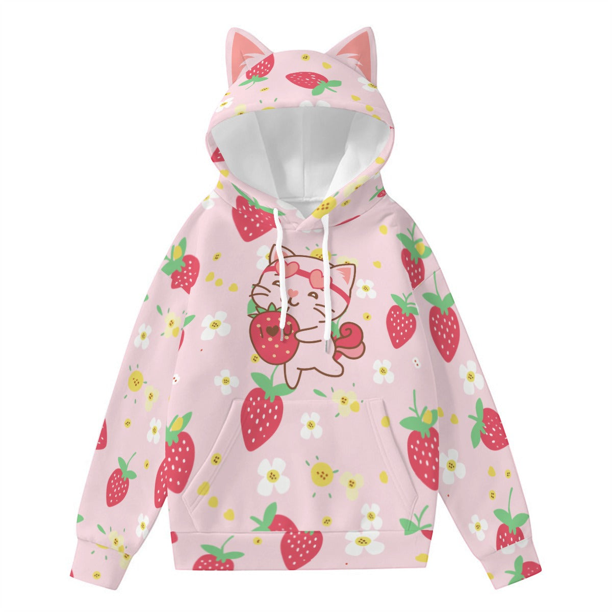 Kawaii Strawberry Cat Hoodie, Pink Anime-Inspired Pullover with Decorative Ears and Cute Print