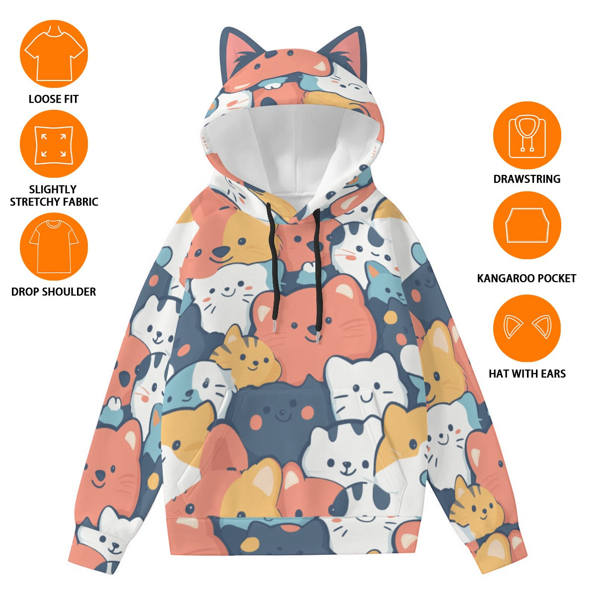 Cartoon Animal Hoodie with Cat Ears – Cozy Graphic Hoodie