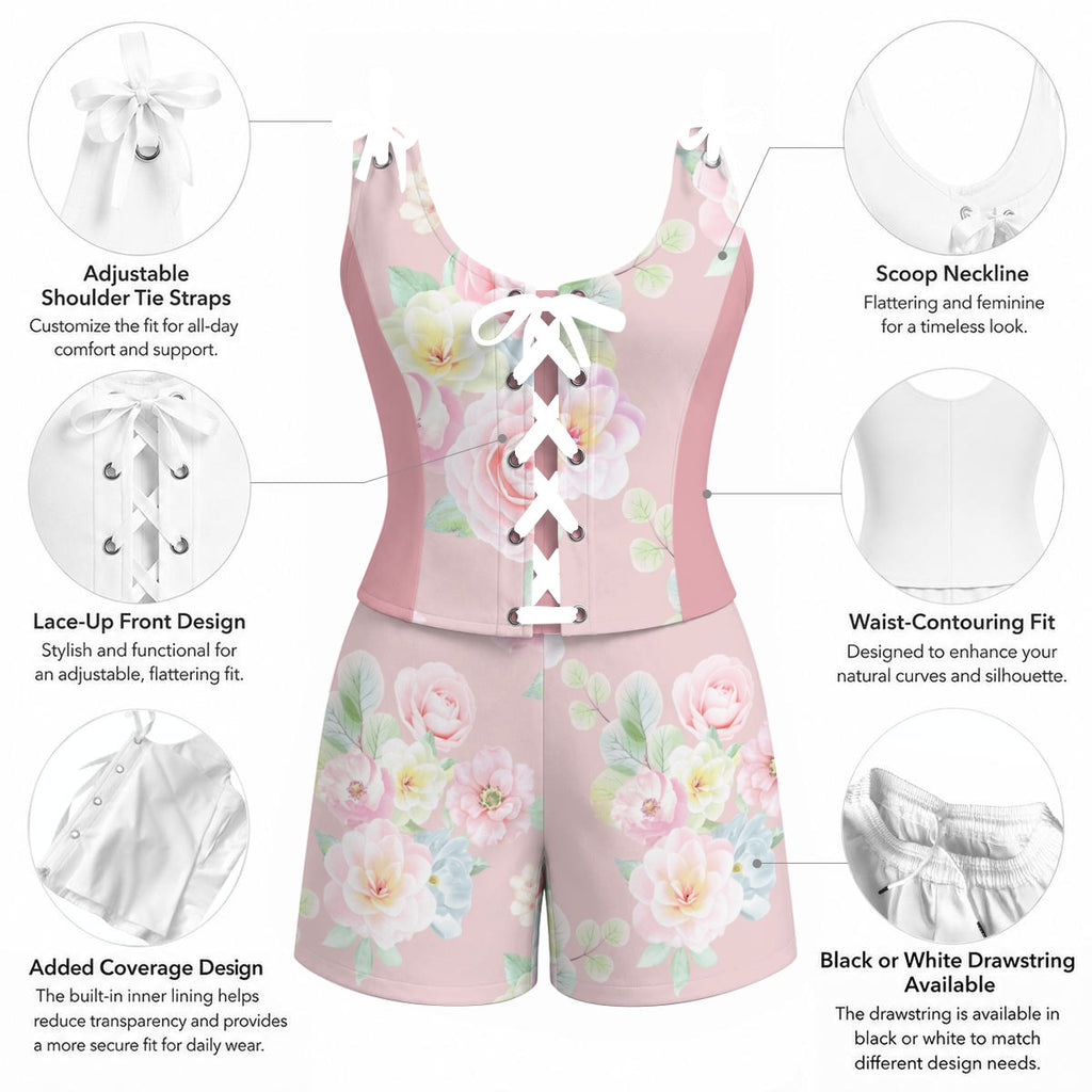 Pink Floral Corset Romper Set – Coquette Lace-Up Summer Outfit