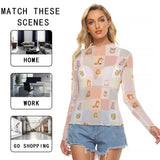 Women's Kawaii Animal Mesh Long Sleeve T-shirt, Breathable & Stylish