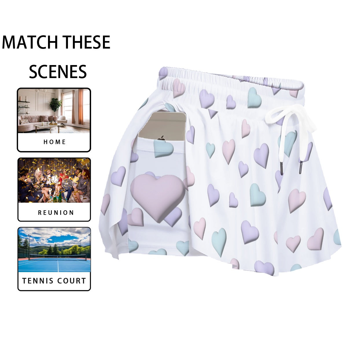 Pastel Heart Print Skort – Women’s Kawaii Sports Skirt with Pockets