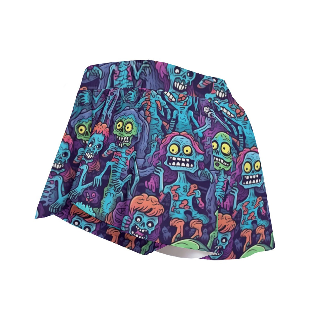 Zombie Cartoon Print Women's Sport Skorts - Colorful Athletic Skorts with Side Pockets and Elastic Waist