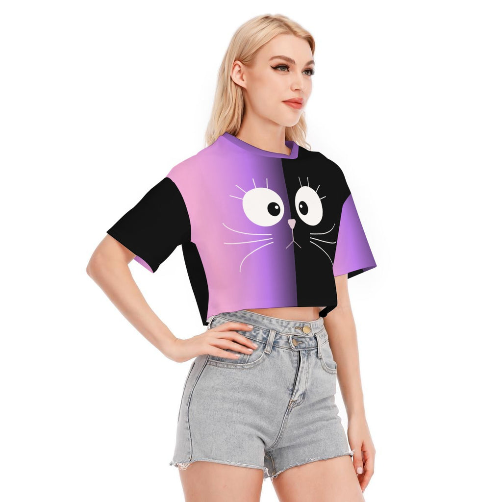 Cute Cat Crop Top – Purple Black Kawaii Cotton Tee | 190GSM Cotton