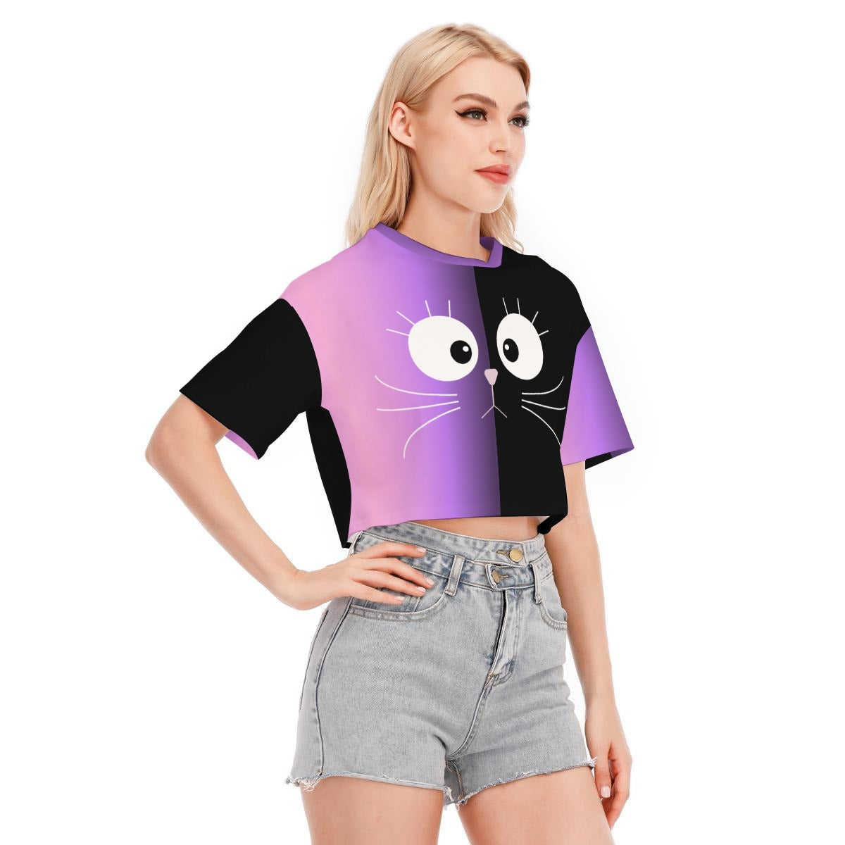 Cute Cat Crop Top – Purple Black Kawaii Cotton Tee | 190GSM Cotton
