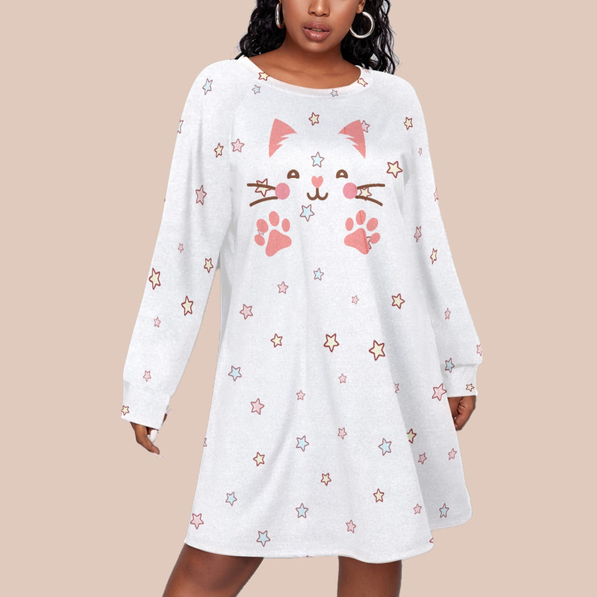 Kawaii Heaven Playful Cat Print Plus Size Raglan Sleeve Dress for Women