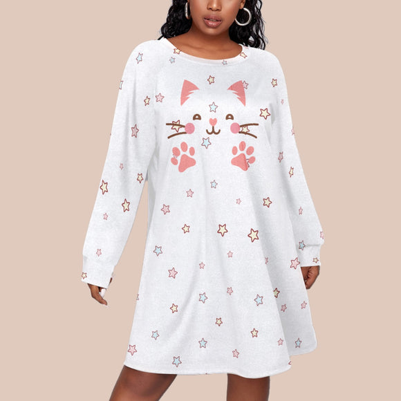 Kawaii Heaven Playful Cat Print Plus Size Raglan Sleeve Dress for Women
