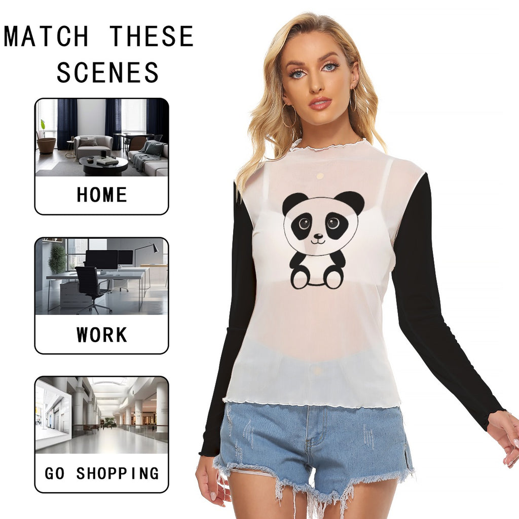 Kawaii Heaven Women's Cute Panda Mesh Long Sleeve Shirt - Sexy Sheer Graphic Top