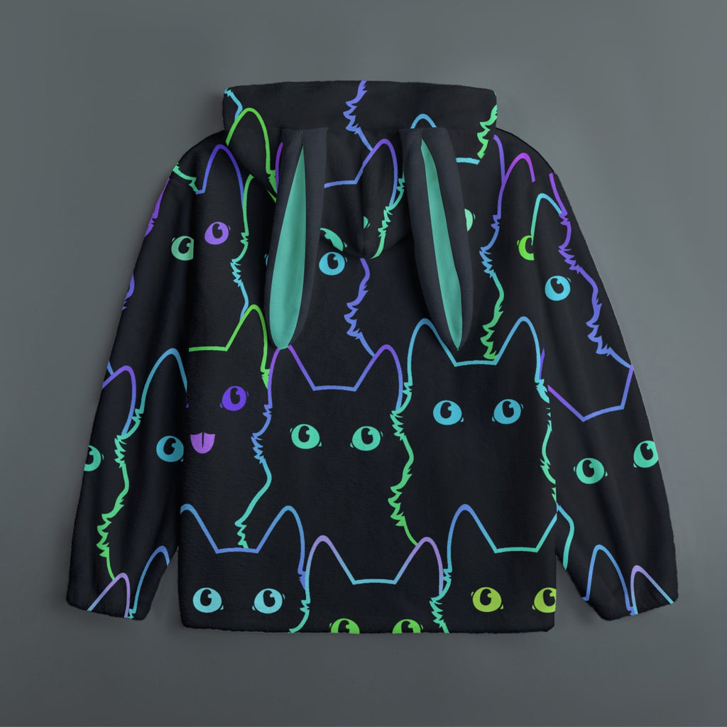 Neon Cat Bunny Ear Hoodie – Cute Black Fleece Zip Up Jacket