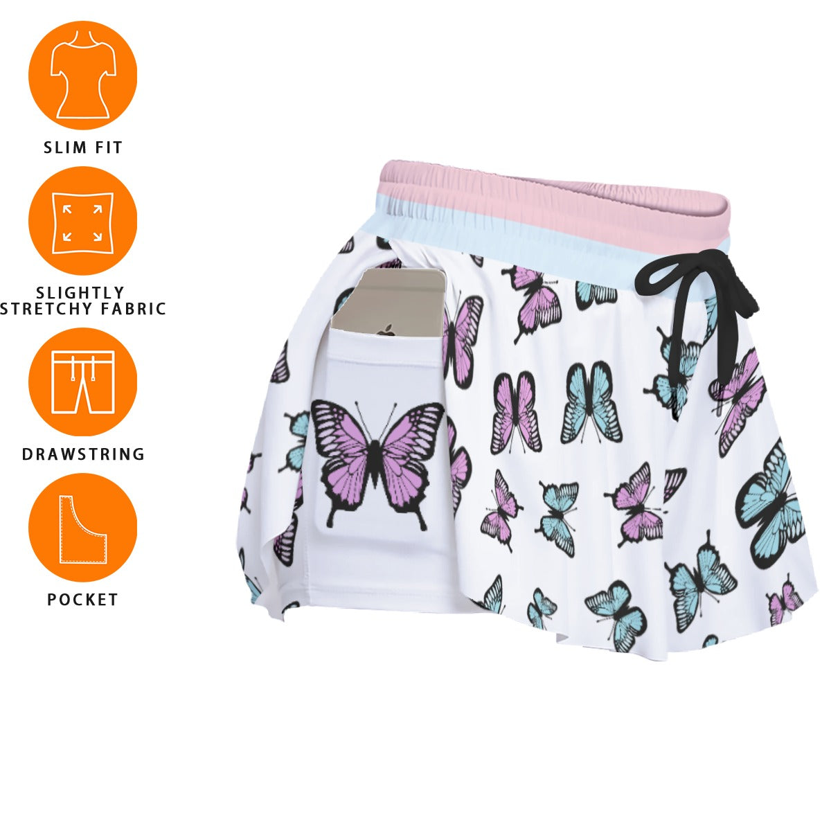 Kawaii Heaven Women's Pastel Butterfly Print Sport Skorts with Pockets