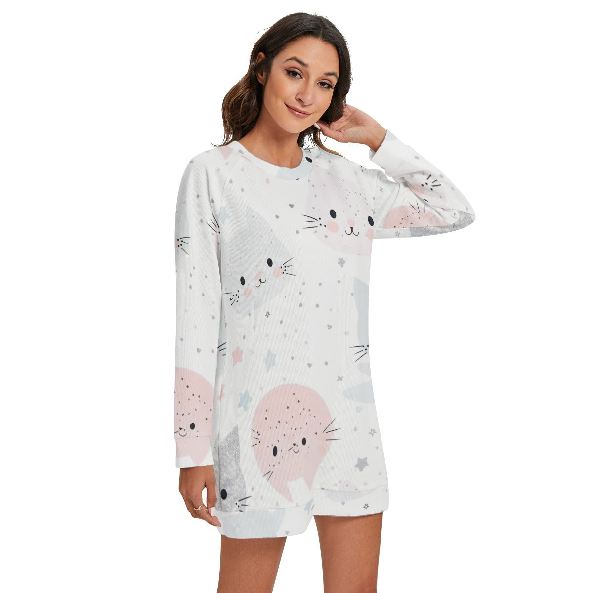 Women's Pastel Kawaii Kitty Round Neck Raglan Sleeve Sweater | Polyester