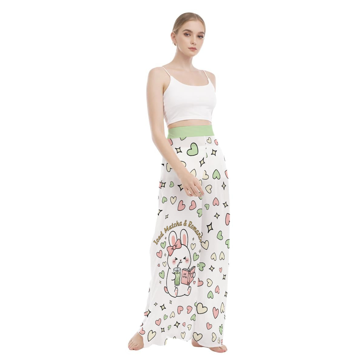 Cute Bunny Wide Leg Pants – Kawaii Heart High Waist Trousers