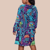 Zombie Cartoon Plus Size Long Sleeve Dress - Oversized Halloween Tunic with Raglan Sleeve