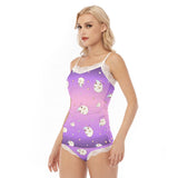 Moon Cat Lace Pajama Set – Kawaii Purple Cami and Shorts Sleepwear