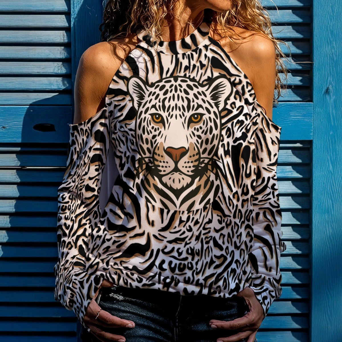 Leopard Cold Shoulder Sweatshirt – Animal Print High Neck Top for Women