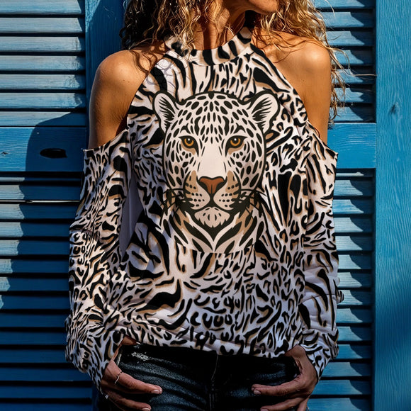 Leopard Cold Shoulder Sweatshirt – Animal Print High Neck Top for Women